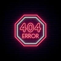 404 Fehler Leuchtreklame. leuchtend rotes Warnschild auf dunklem Backsteinmauerhintergrund. Fehlerseite nicht gefunden Konzept Neonschild. vektor