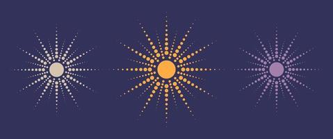 prickad Sol strålar, uppsättning samling. årgång sunburst bakgrund, logotyp design, halvton effekt, vektor illustration isolerat på lila bakgrund