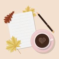 Hej höst bakgrund. fodrad blad, penna, kaffe råna och höst löv.