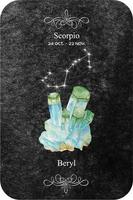 vattenfärg zodiaken tecken scorpio med sten beryll på mörk svart bakgrund. november månadssten beryll vektor