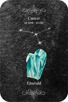 vattenfärg zodiaken tecken cancer med sten smaragd- på mörk svart bakgrund. juli månadssten smaragd- vektor