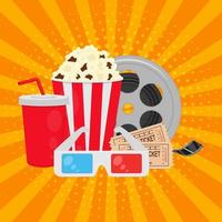 Kino Hintergrund im Pop Kunst Stil. Popcorn, Limonade, Eintrittskarten, Film. vektor