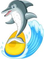 söt delfin tecknad serie karaktär surfing vektor