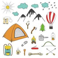 äventyr, camping, resa hand dragen design element, färgad klotter oärlig uppsättning i årgång stil isolerat på vit bakgrund vektor