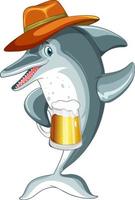 söt delfin tecknad serie karaktär bär hatt och innehav öl vektor