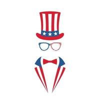 Porträt des Mannes in Brille, Smoking und Hut von Onkel Sam. Nationalfeiertag im Unabhängigkeitstag der Vereinigten Staaten von Amerika. vektor