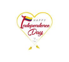 glücklich Unabhängigkeit Tag von Kolumbien. Flugzeug zeichnet Wolke von Herz. National Flagge Vektor Illustration auf Weiß Hintergrund.