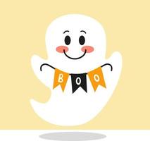 flygande spöke anda innehav flaggväv flagga bua. Lycklig halloween. skrämmande vit spöken. söt tecknad serie läskigt karaktär. vektor