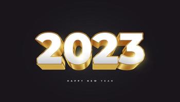 frohes neues jahr 2023 mit weißen und goldenen 3d-zahlen isoliert auf schwarzem hintergrund. neujahrsdesign für banner, poster und grußkarte vektor
