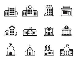 uppsättning av byggnader ikon med enkel svart design isolerat på vit bakgrund vektor