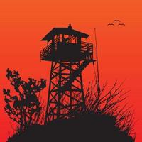 Wachturm Silhouette im schwarz Farbe im Sonnenuntergang Gradient Hintergrund, Wachturm Vektor Illustration