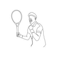 jung Mann spielen Tennis. einer Linie Kunst. Tennis Spieler mit Schläger während das passen. Gewinner, Sport Vektor Illustration.