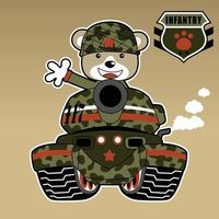 süß Bär Soldat auf das gepanzert Fahrzeug mit Militär- Logo, Vektor Karikatur Illustration