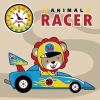 süß Löwe tragen Rennen Helm Fahren Rennen Auto, Vektor Karikatur Illustration