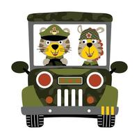 komisch Tiger und Zebra im Soldaten Kostüm auf Militär- Fahrzeug, Vektor Karikatur Illustration
