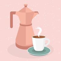 Kaffeetasse und Kanne auf rosa Hintergrundvektorentwurf vektor