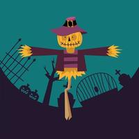 Halloween Vogelscheuche Karikatur am Friedhof Vektor Design