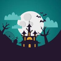 halloween hus och kyrkogård på natten vektor design