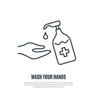Waschen Sie Ihre Hände Warnbanner. Desinfektionskonzept. Flüssigseife mit Abpumpen aus der Flasche. Auftragen eines feuchtigkeitsspendenden Desinfektionsmittels. vektor