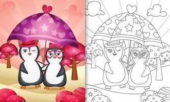 målarbok för barn med en söt pingvinpar som håller paraplytema alla hjärtans dag vektor