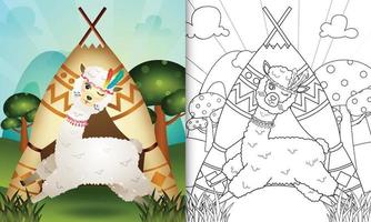 Malbuch für Kinder mit einer niedlichen Stammes-Boho-Alpaka-Charakterillustration vektor