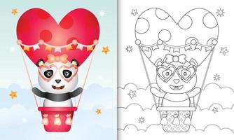 Malbuch für Kinder mit einer niedlichen Panda Frau auf Heißluftballon Liebe themenorientierten Valentinstag vektor