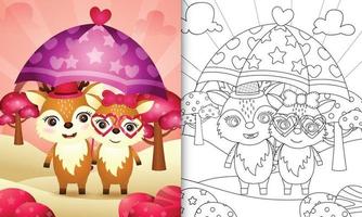 Malbuch für Kinder mit einem niedlichen Hirschpaar, das Regenschirm themenorientierten Valentinstag hält vektor