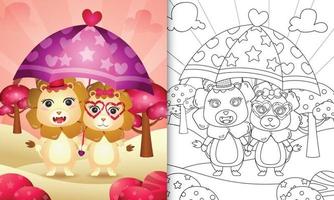 Malbuch für Kinder mit einem niedlichen Löwenpaar, das Regenschirm themenorientierten Valentinstag hält vektor