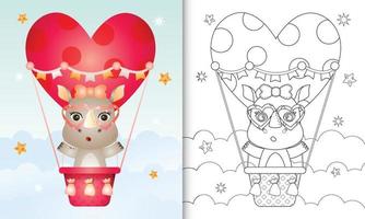 Malbuch für Kinder mit einer niedlichen Nashornfrau auf Heißluftballon lieben themenorientierten Valentinstag vektor