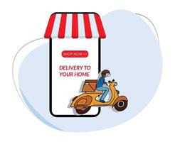 Illustration von ein Lieferung Mann Fahren ein Roller aus von das Telefon. Zuhause Lieferung Bedienung vektor