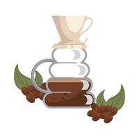Kaffeebohnen und Blätter mit Kaffeekanne vektor