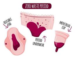 noll avfall menstruation period menstruations- kopp och återanvändbar vaddera, underkläder trosor. vektor illustration. återanvändbar eco vänlig begrepp.