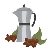 kaffebönor och blad med vattenkokare vektor