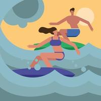 junges Paar trägt Badeanzüge und surft vektor