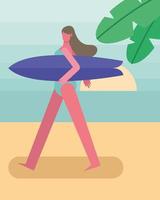 junge Frau, die einen Badeanzug trägt und mit einem Surfbrett geht vektor