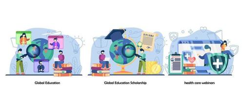 Globale Bildung, Stipendien, Gesundheitswesen webinars.online Bildung, Online-Training Icons gesetzt. Vektor flaches Design isolierte Konzeptmetapherillustrationen