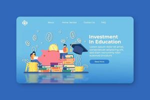 moderne flache Designvektorillustration. Investition in Bildungs-Landingpage und Web-Banner-Vorlage. Stipendium, Studentendarlehen, Geld sparen für Bildung, globales Wirtschaftsstudium, Auslandserziehung. vektor