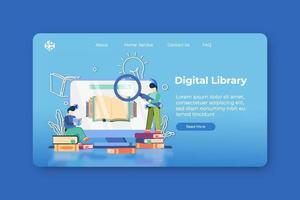 modern platt design vektorillustration. målsida för digitalt bibliotek och mall för webbbanner. e-learning, e-book, e-learning research, online-läsning, bibliotek med uppslagsverk, webbarkivskoncept