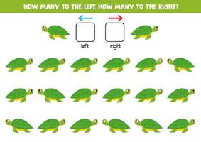 vänster eller rätt med söt tecknad serie sköldpadda. logisk kalkylblad för förskolebarn. vektor
