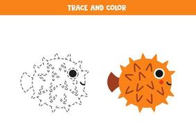 spår och Färg tecknad serie söt blåsfisk. kalkylblad för barn. vektor