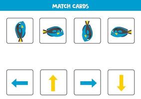 vänster, höger, upp eller ner. rumslig orientering med söt blå tang fisk. vektor