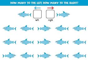 vänster eller rätt med söt tecknad serie haj. logisk kalkylblad för förskolebarn. vektor