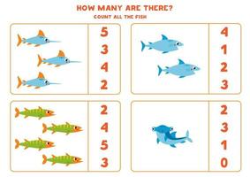 Zählen Spiel mit süß Meer Fisch. lehrreich Arbeitsblatt. vektor