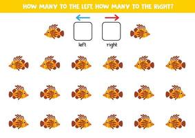 vänster eller rätt med söt tecknad serie lejonfisk. logisk kalkylblad för förskolebarn. vektor