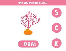 hitta saknas brev med tecknad serie rosa korall. stavning arbetsblad. vektor