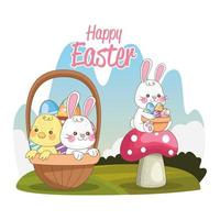 Happy Easter Saisonkarte mit Kaninchen und kleinen Küken im Park vektor