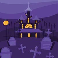 halloween spökhus och kyrkogård på natten vektor