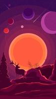 Weltraumlandschaft mit Sonnenuntergang und Silhouette eines Hirsches in Purpurtönen, Natur auf einem anderen Planeten. vektor