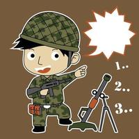 wenig Soldat mit Gewehr und Granatwerfer Startprogramm, Vektor Karikatur Illustration