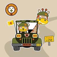 süß Giraffe und Tiger tragen Soldaten Deckel auf Militär- Auto, Vektor Karikatur Illustration
